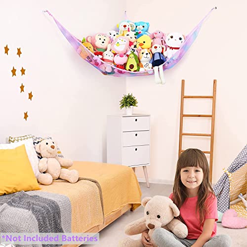 Basumee Stuffed Animals Net Or Hammock With Led Light Hanging Toy Net Hammock For Stuffed Animals Storage Stuff Animals Hammocks For Nursery Kids Room With Remote Control, 8 Kinds Of Lights, Blue Purple #TOP2