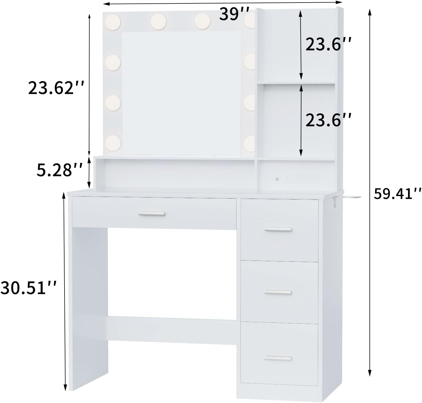YESHOMY 39" Vanity Desk with Mirror & Lights, Vanity Table with 4 Drawers & Storage Shelves, Built-in Outlet, 3 Color Modes & Adjustable Brightness Dressing Table, Bedroom, White