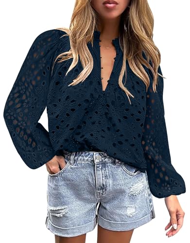 BETTE BOUTIK Women's Long Short Sleeve Tops 2025 Dressy Casual Button Hollow Out Lace Embroidered Blouses Shirts