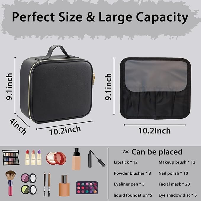 Makeup Bag with Led Mirror,Travel Makeup Organizer with 3 Color Setting & 10X Magnifying Mirror, Portable Storage and Adjustable Dividers Travel Makeup Bag-black2