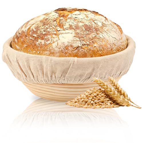 7 inch Round Bread Proofing Basket,Banneton Brotform Bread Dough Proofing Rising Rattan Handmade Basket with Linen Liner Cloth (Round 18 * 9cm)