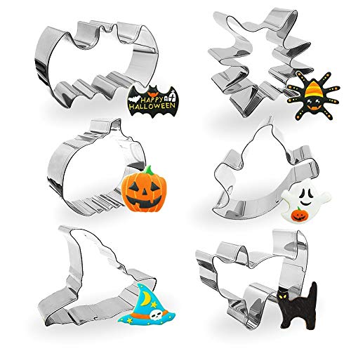 Yosager Halloween Cookie Cutter Stainless Steel Mold Baking Tools 6 Piece Set Including Stainless Steel Bat, Spider, Pumpkin, Ghost, Cat and Witch Hat
