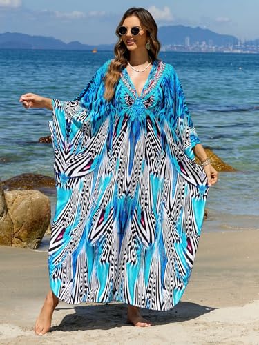 Image of IMAGEKOPE Women's Plus Size Animal Print V-Neck Batwing Kaftan Beach Dress Bathing Suit Cover-Up Loungewear