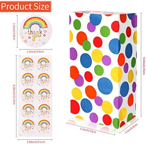 20PCS Paper Party Bags, AUERVO 13 x 24cm Kraft Paper Candy Bag Rainbow Dots Paper Bag Food Treat Bags with Sticker for Birthday Wedding Sweets