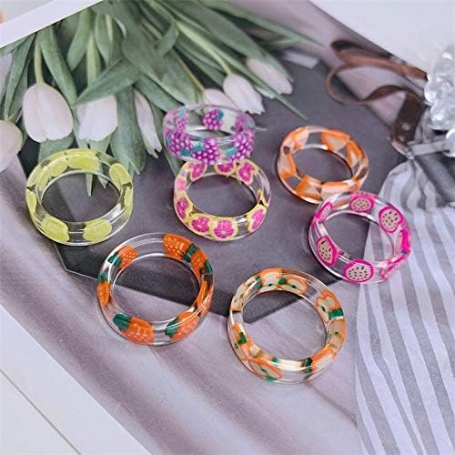 Miniatura 2 de COLORFUL BLING Juego de 6 anillos de resina para frutas Pitaya, fresa, manzana, sandía limón, kiwi, uva de verano, nudillos de acrílico transparente
