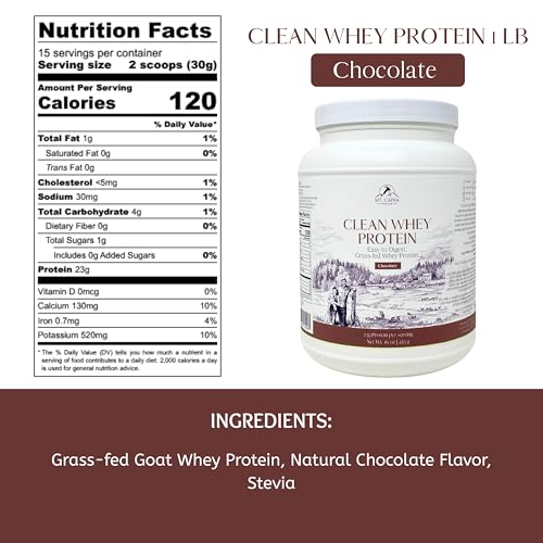 Image of Mt. Capra Clean Whey Protein | Grass-Fed Undenatured Goat Whey Protein Powder | 24 g Protein Per Serving, All Natural, Non-GMO, High in Branch Chain Amino Acids | Chocolate | 15 Servings - 16 oz