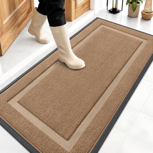 Image of OLANLY Front Door Mat Indoor Outdoor Entrance, Waterproof All-Season, All-Weather Doormat, Sturdy Natural Rubber, Fade Resistant, Low Profile, Easy Clean Patio Porch Entryway Mat, 47x23, Light Borwn