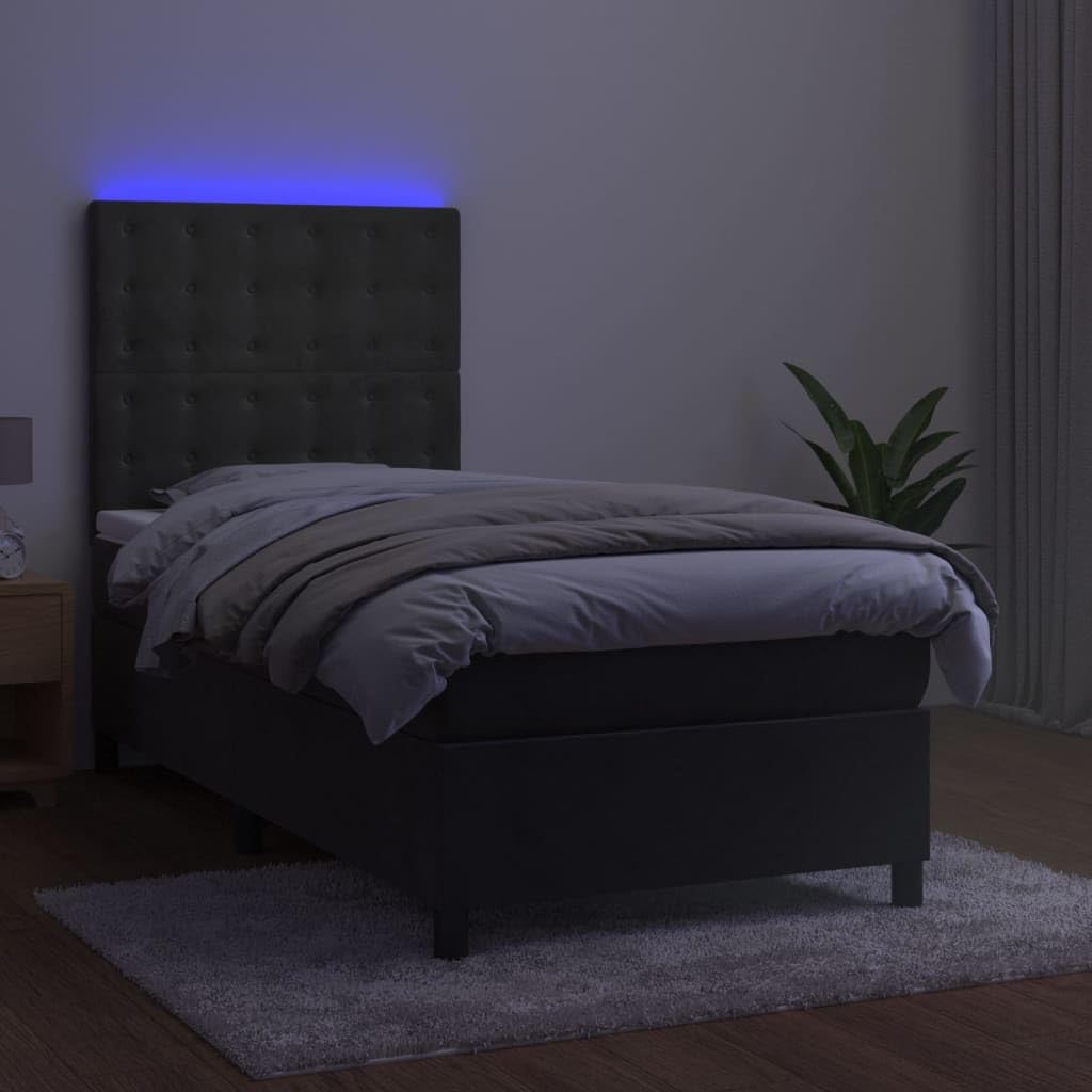Aksamitne łóżko kontynentalne z LED regulowanym zagłówkiem 80x200 cm szary | Łóżko kontynentalne z materacem i LED aksamit szary 80x200 cm sypialnia oświetlenie
