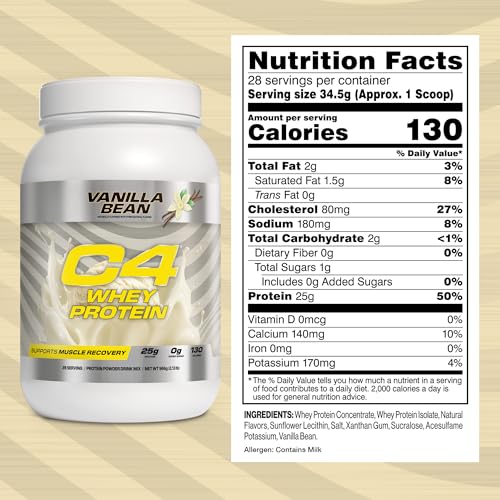 Image of Cellucor C4 Whey Protein Powder, Vanilla Bean - 25g Protein, 0g Added Sugar, 130 Calories Per Serving, Supports Muscle Recovery, 28 Servings, Premium Whey for Post-Workout