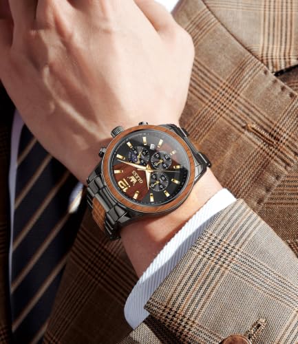 Image of OLEVS Watch for Men Luxury Wood Accent Classic Original Quartz Chronograph