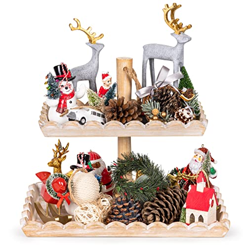 Realyoo Abgestuftes Tablett aus Holz, 2 Etagen, dekoratives Tablett, abgestuftes Serviertablett, rechteckiges Holz, Bauernhaus-Tablett, Heimdekor, Tablett für Obst, Kuchen, Snacks, Süßigkeiten Cover