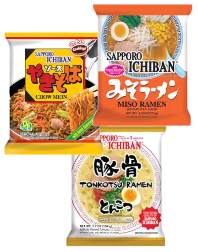 Image of Sapporo Japanese Ramen Variety Pack, 6 Traditional Authentic Flavors - Original, Beef, Chicken, Tonkotsu, Yakisoba, Miso - 4 Pack Per Flavor, Instant Ramen Noodle Sampler (24 Pack)