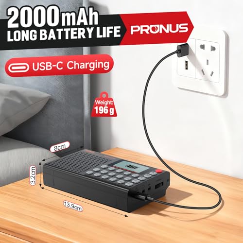 Image of PRUNUS J-168 FM /MW /SW Digital Radio Small Supports Manual Preset, Shortwave Radios with Battery 2000 mAh, Sleep Timer, Excellent Reception, Portable microSD Card Playback USB C Charging Headphone Jack