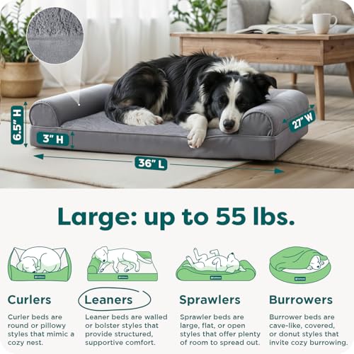 Image of Furhaven Orthopedic Dog Bed for Large /Medium Dogs w / Removable Bolsters & Washable Cover, For Dogs Up to 55 lbs - Plush & Suede Sofa - Gray, Large