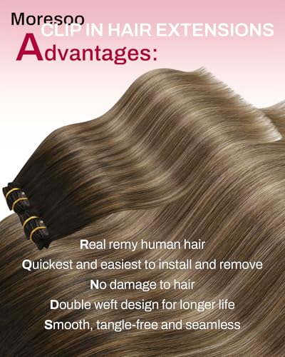 Image of Moresoo Clip in Hair Extensions Real Human Hair Balayage Brown Blonde 16in | Clip in human hair extensions, smoky golden brunette ombre, 7pcs, remy straight hair for warm party dimension