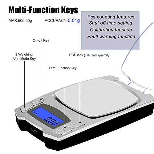 500g x 0.01g Digital Milligram Scale Rechargeable Scales for Jewelry Power Weighing, Mini LCD Pocket Lab scale (Silver)