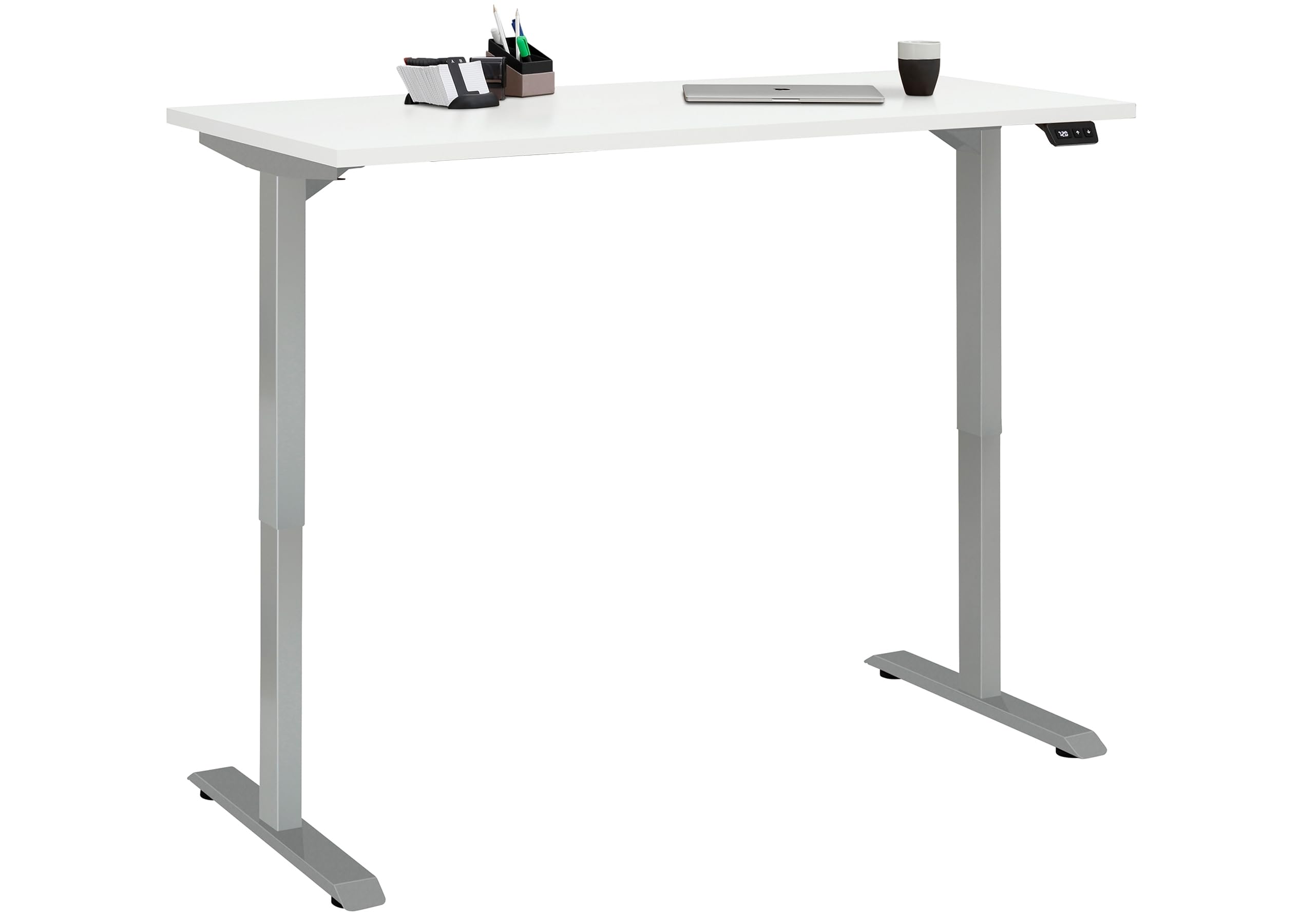 möbelando Schreibtisch >e-Desk< elektrisch höhenverstellbarer Schreibtisch in Weiß matt/Alu, Ergonomisch für gesundes Arbeiten, Stufenlos mit LED-Anzeige, Stoß- und Kratzfest, Made in Germany
