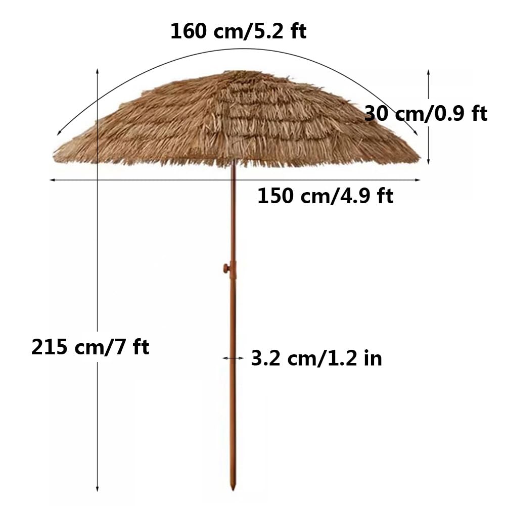 Haiian Trzecha Parasol 160/200/240 cm Outdoor Przenośna troala Tiki Hut Parasol Przechylny parasol przeciwsłoneczny z 8 żeberkami (5,2 ft / 160 cm)
