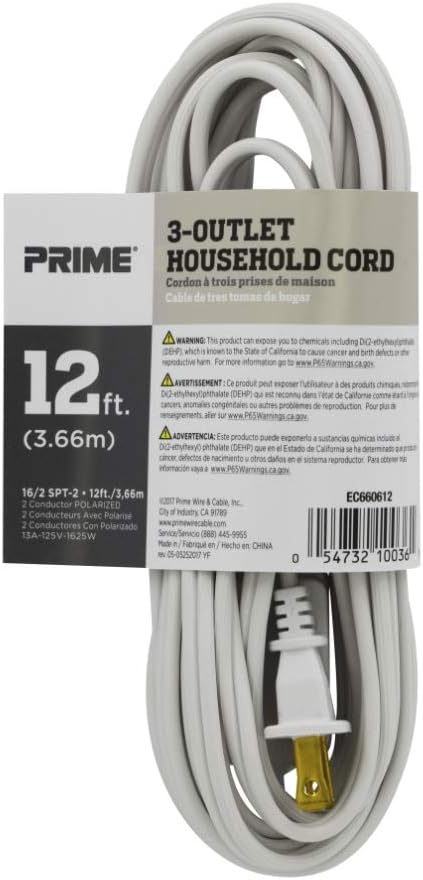 Prime Wire & Cable EC660615 15-Foot 16/2 SPT-2 3-Outlet Cord, White