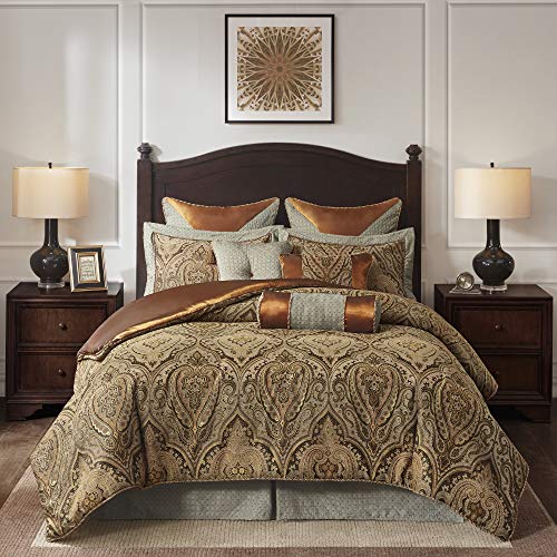 Hampton-Hill-Canovia-Springs-King-Size-Bed-Comforter-Duvet-2-In-1-Set-Bed-In-A-Bag-Teal-Brown-Jacquard-Medallion-Damask--10-Piece-Bedding-Sets--Ultra-Soft-Microfiber-Bedroom-Comforters