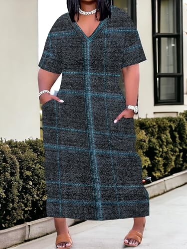 Image of SUZONANA Plus Size Denim Print Maxi Dresses for Women Casual V Neck Short Sleeve with Pockets Soft Jean Look Dress XL-6XL