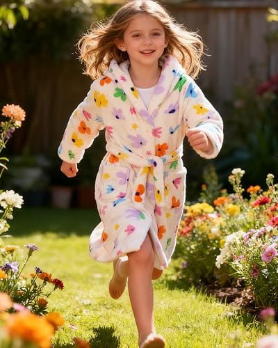 Image of Girls Fleece Hooded Robes, Warm Printed Bath Robe for Kids Soft Fuzzy Bathrobe for Gifts
