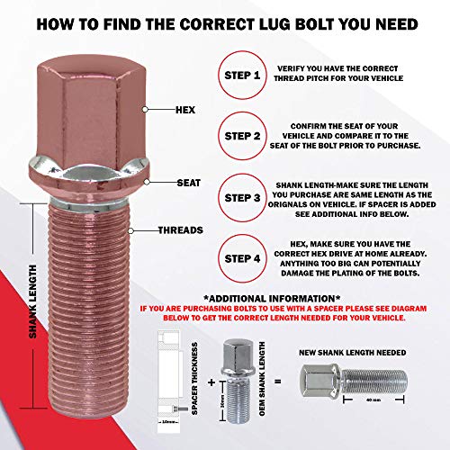 Image of Wheel Accessories Parts 4 Locks + Key M14 x 1.25 Thread Acorn Seat Lug Bolt Lock Chrome Finish 24mm Shank Length Dual Hex Key 17mm & 19mm fits Mini Cooper