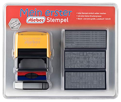 Mi primer sello de tampón con sello automático, para aprender a leer y escribir, para principiantes en el colegio, 6 tipos, 2 cojines, base para sellos (color de la plancha amarillo).