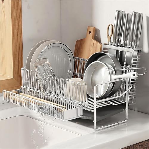 HANELREEZD Escurridor de Platos de Acero Inoxidable, Organizador de encimera de Cocina de Gran Capacidad con escurridor, Soporte for Utensilios escurreplatos