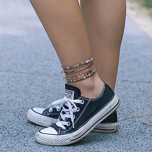 FANCY SHINY Waterproof String Anklets Boho Clay Beads Ankle Bracelets Cute Cloth Stainless Steel Coin Anklet Set Beach Summer Jewelry for Women2