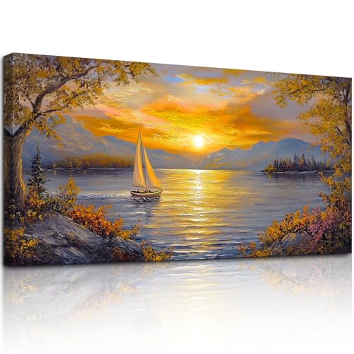 crmotu Sunset Wall Art, Lake Art Wall Decor, Sailboat Wall Art, Mountain Landscape Large Art Prints, Dusk Aesthetic Paintings Wall Decor Living Room Bedroom Kitchen Office Decorations 20x40inch