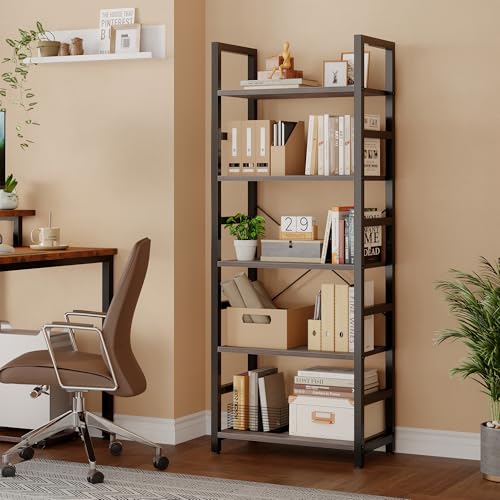 Image of DUMOS 5-Tier Bookshelf, Modern Tall Bookcase, Open Storage Display Shelf for Living Room, Bedroom, Home Office, Narrow Standing Shelving Unit for Books, CDs, Decor,Wood Grey