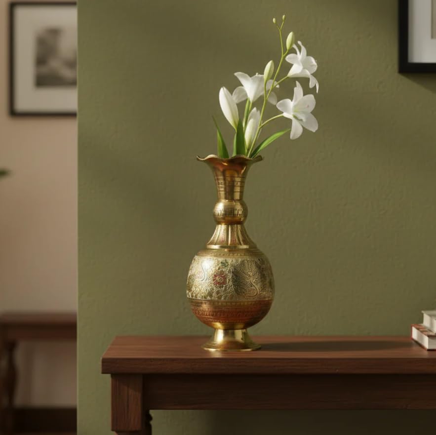 Vintage Brass Vase with Etched Enamel Floral Design Antique Charm Decorative Showpiece - 22 cm (Brass, Golden)-image-14