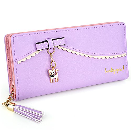 UTO Ladies Bifold Phone Clutch Wallet Card Purse 12 Slots Zipper Coin Pocket Cat Pendant Tassel Deco PU Leather