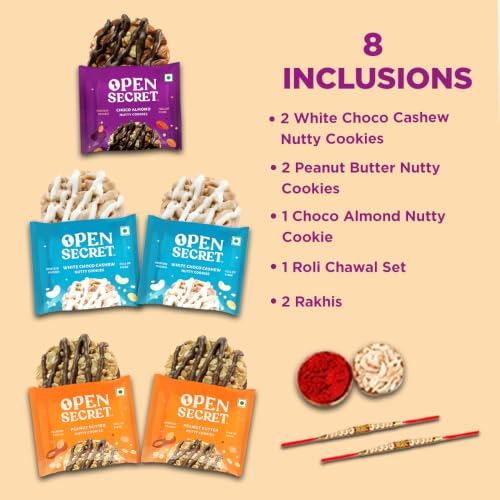 Image of Open Secret Rakhi Set for Brother | Combo of 8 | Rakhi Gift for Brother & Bhabhi, Gift Hamper, Rakshabandhan Gifts for Sister, Assorted Cookies with Rakhis & Roli Chawal Tilak Set