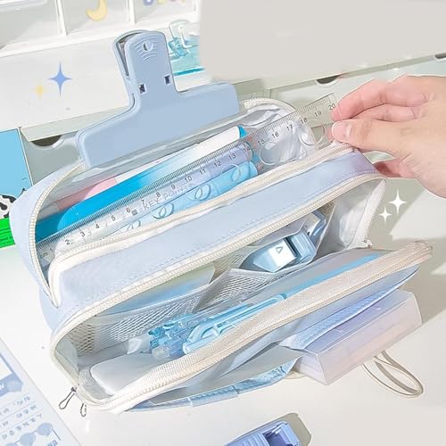 Image of Invite Large Capacity Cute Aesthetic Pencil Case with Multi Compartments, Multi-Pocket Pastel Pen Pouch Organizer with Zipper, Kawaii School Supplies Bag for Girls, Teens & Students (Light Blue Dog)