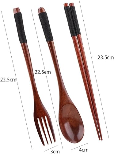 Miniatura 6 de Cubertería 3 unids tenedor palillos cuchara vajilla portátil china utensilios de madera juegos de cena utensilios de mango largo con tenedor cuchara