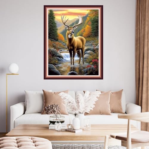 Image of Fanxvivy Stamped Cross Stitch Kits for Beginners Full Range of Cross Stitching Preprinted Embroidery Kits for Adults, 11CT Embroidery Pattern Needlepoint Kits-Early Morning elk 16x20 inch