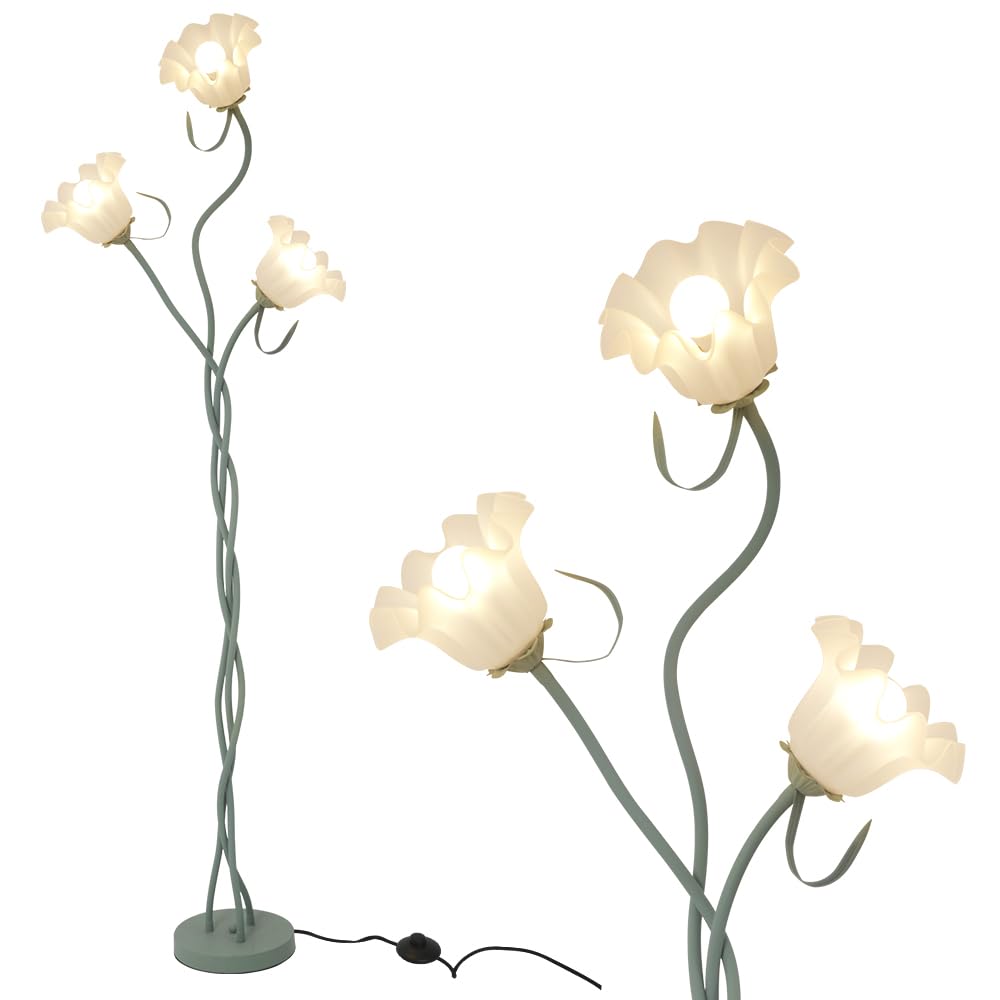 Green Flower Floor Lamp for Living Room,Flower Lamp,3 Light Floor Lamps,Vintage Tall Standing Lamps,Modern Decor Floor Light,Bedroom,Home Office,Girl's Room,Lotus Shape,Pretty Lily,Flexible Gooseneck