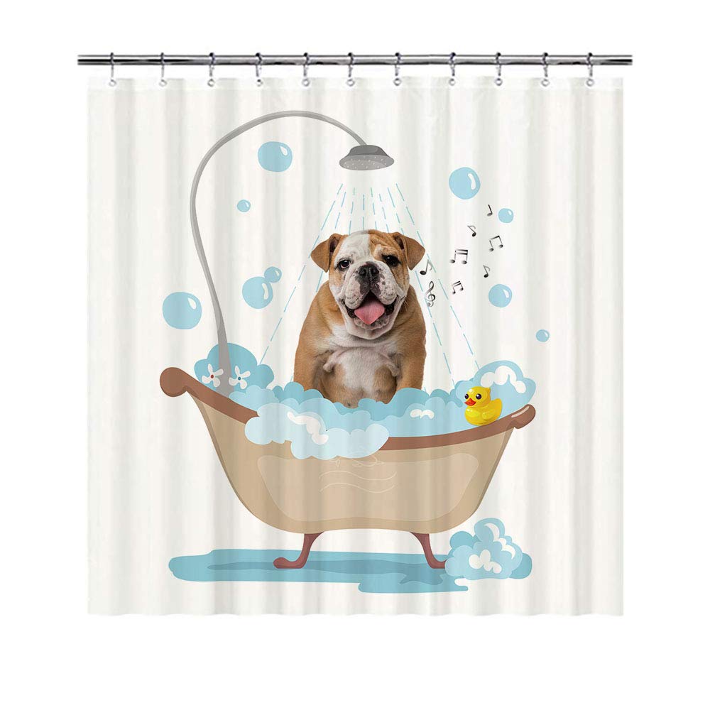 BAGEYOU Funny Dog English Bulldog in Bath Shower Curtains Cute Puppy Taking A Shower Waterproof Polyester Fabric Bathroom Curtain 72 x 80 Inch, with 12 Hooks