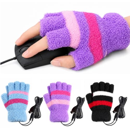 HoFire USB Heating Winter Gloves Women Hand Warm Gloves USB Heater Fingerless Warmer Mitten Gloves (Purple)