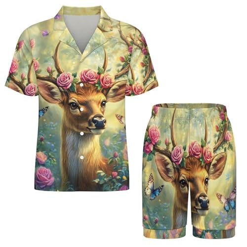 Deer Flowers Mens Pajamas Set Short Sleeve Sleepwear Summer Pjs Sets 2 Piece Loungewear Nightwear3