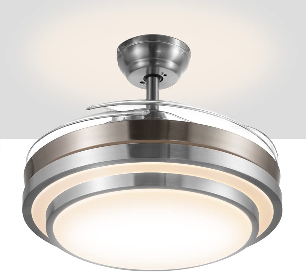 BAKAJI Ventilatore Lampadario da Soffitto 4 Pale retrattili con Lampada in Vetro Satinato 3 Velocità e Telecomando per Comando a Distanza Diametro 106 cm Colore Silver e Pale trasparenti