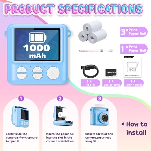 كاميرا للاطفال بطباعة فورية، كاميرا محمولة مع بطاقة 32G وفيديو 1080p، ورق طباعة، كاميرا طباعة فورية مع اقلام ملونة للاعمال اليدوية، اكثر من 3 سنوات، هدايا عيد ميلاد للاولاد والبنات (ازرق)
