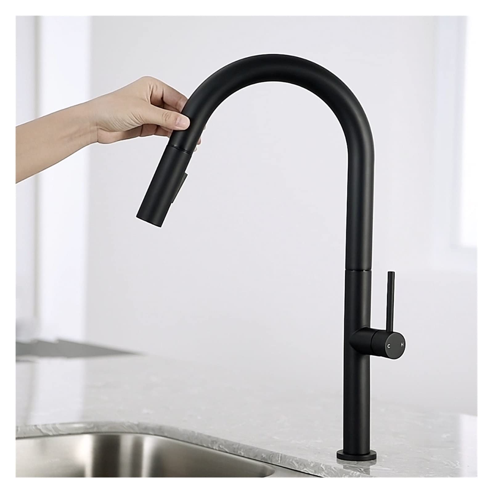 Robinet de cuisine à tirer noir mitigeur d'évier eau chaude et froide pivotant 360