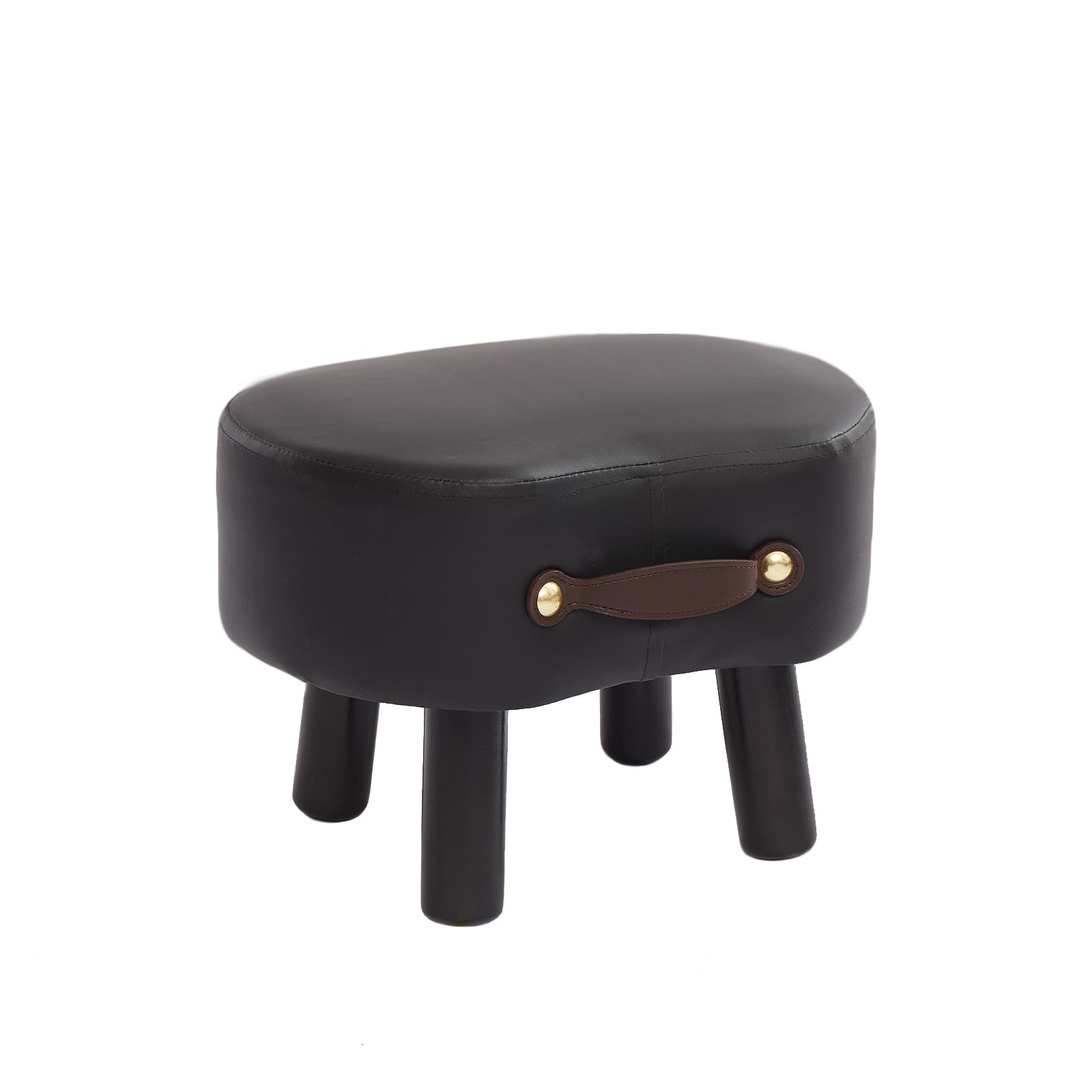 Small Ottoman Small Foot Stool with Handle, PU Leather Footstool Ottoman with Padded Seat, Curved Foot Rest Stool with Wooden Legs,Foot Rest Stool for Living Room, EntrywayBlack
