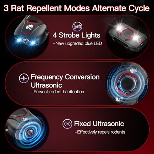Image of Ultrasonic Rat Repellent for Car, Rodent Repellent for Car with 4 Strobe Light, Car Rat Protection Device to Protect Wires in Car, Bike, Engine, Permanent Solution for Rats, Mice, Squirrels