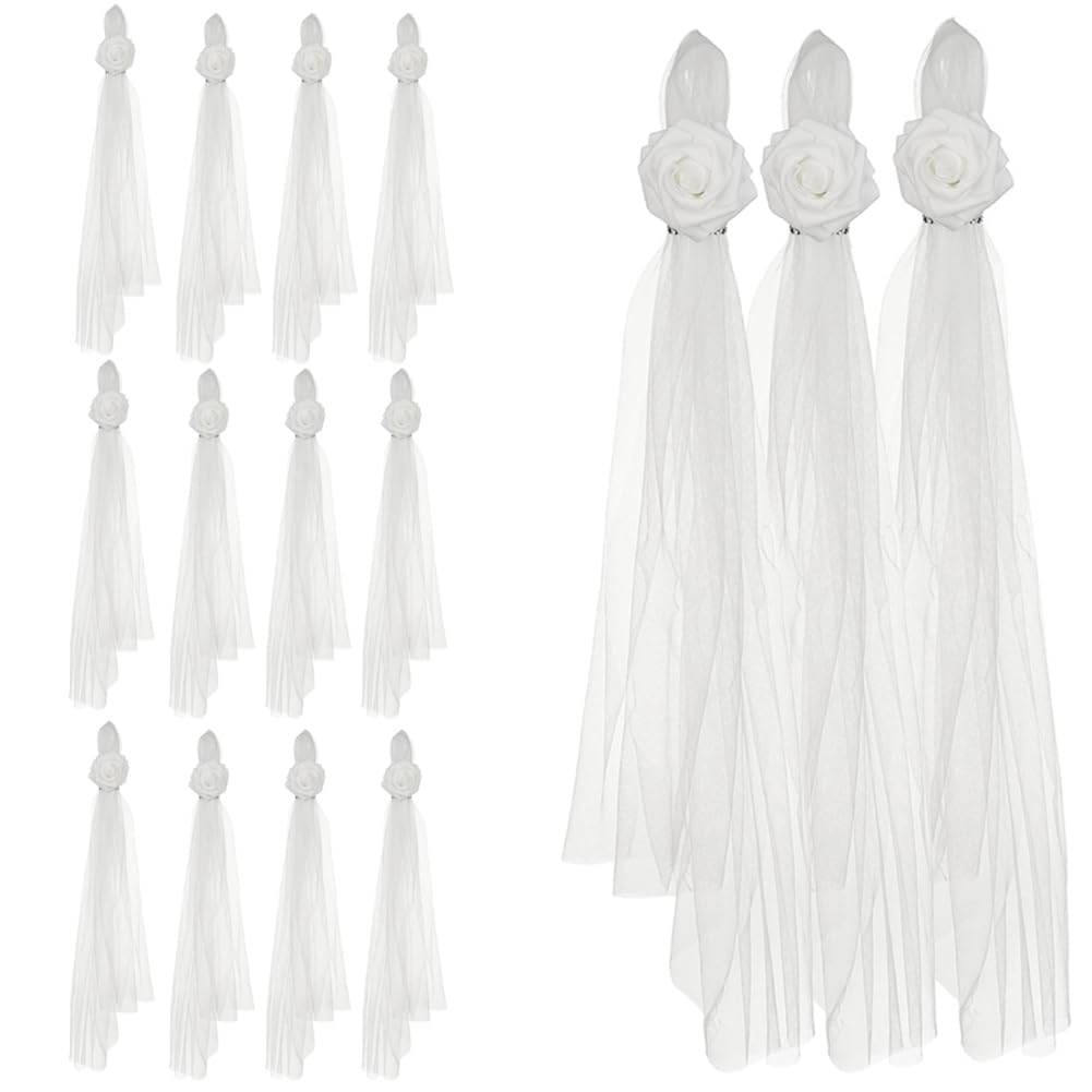 20 Stück Weiß Tüll Stuhlschleifen mit Strass Ring Künstliche Rose Elegante Schleife Kirchenbank Hochzeitsgang Deko Kirche Stuhl-Schärpen für Kirche Bankett Hochzeitsstuhl Gangstuhl Gang