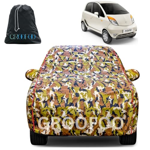 Image of GROOFOO Waterproof Car Body Cover with Mirror Pockets Compatible with Tata Nano | Triple Stitch Blue Piping Car Cover UV & Dust Proof All-Weather Protection, Adjustable Buckle (Army and Red)