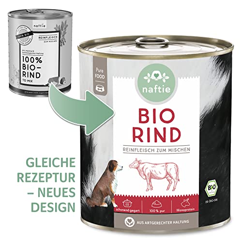 naftie Bio Hundefutter 100% Bio-Rind - Reinfleisch Rind pur - Nassfutter für Hunde zum Mischen, Barf-Fleisch - glutenfrei getreidefrei - 800g Dosen